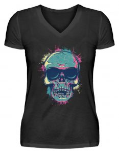 SpreeRocker Neon Skull - V-Neck Damenshirt-16