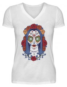 SpreeRocker Flower Skull - V-Neck Damenshirt-3