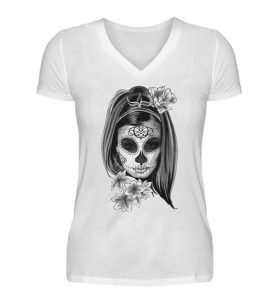 SpreeRocker Black White Skull - V-Neck Damenshirt-3