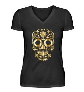 SpreeRocker® - Golden Skull 1 - V-Neck Damenshirt-16